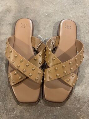 A NEW DAY Tan Pyramid-Stud Cross Strap Slide Sandals